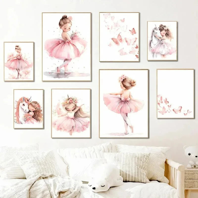 Baby Nursery Decor Girl - Розовый постер с балериной, единорогом и