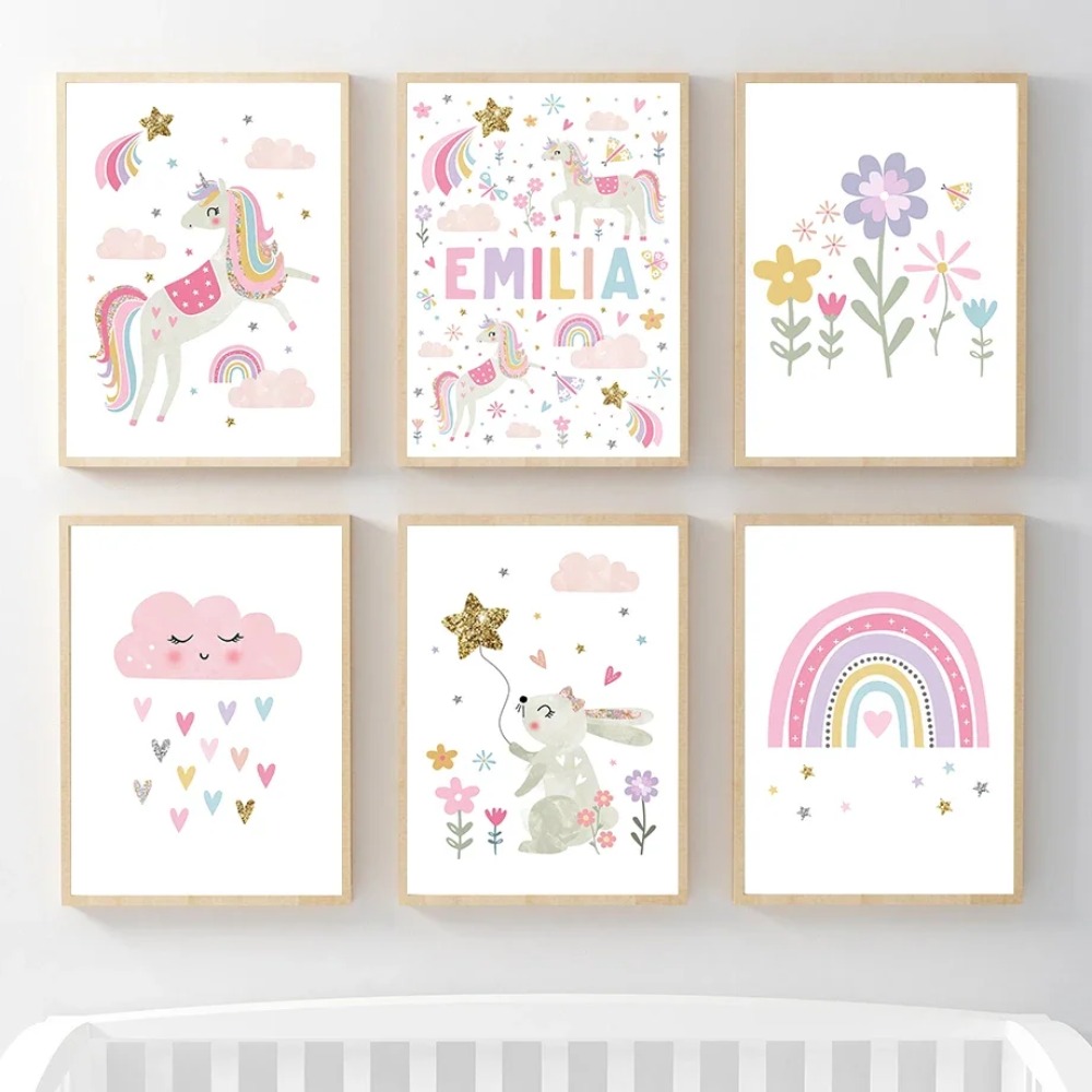 Baby Nursery Decor Girl - Розовый единорог, кролик, радужное облако, цветы,